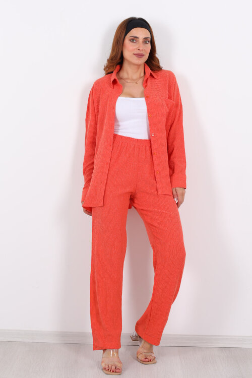 Bol Paça Bürümcük Turuncu Kadın Gömlek Takım - 4