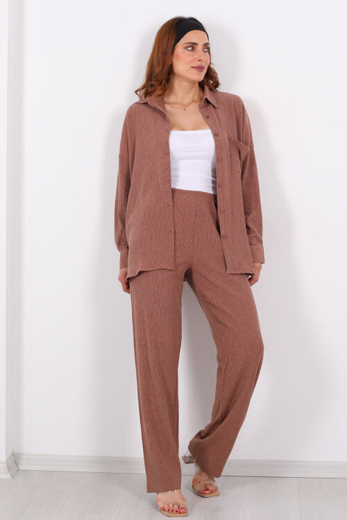 Bol Paça Bürümcük Vizon Kadın Gömlek Takım - 4