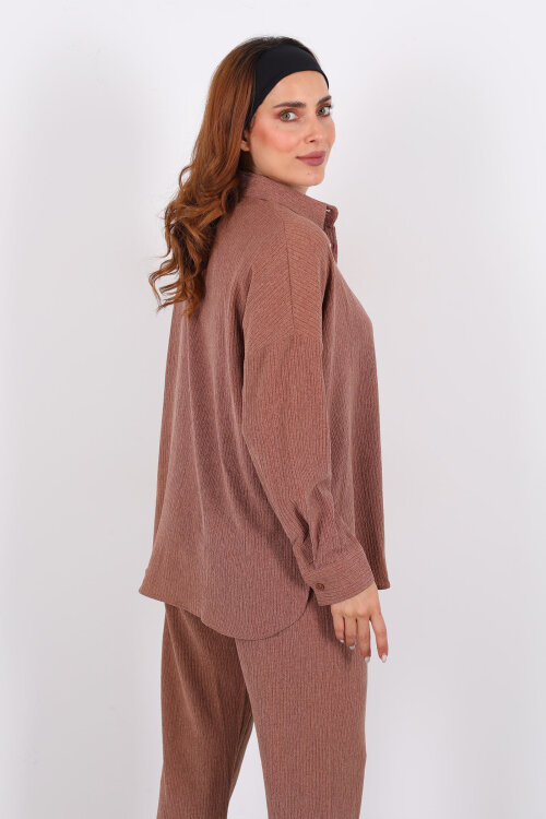 Bol Paça Bürümcük Vizon Kadın Gömlek Takım - 5