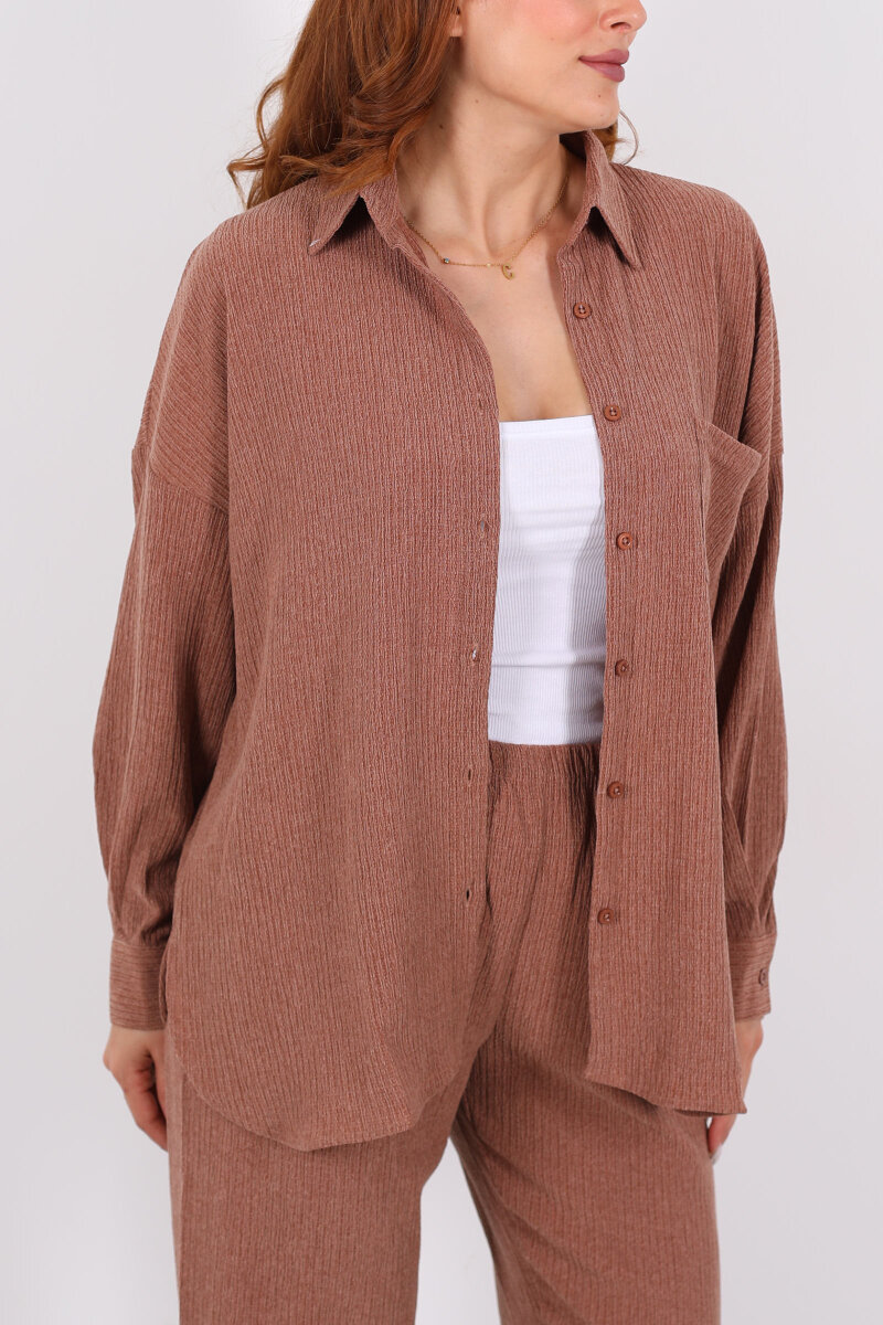 Bol Paça Bürümcük Vizon Kadın Gömlek Takım - 2