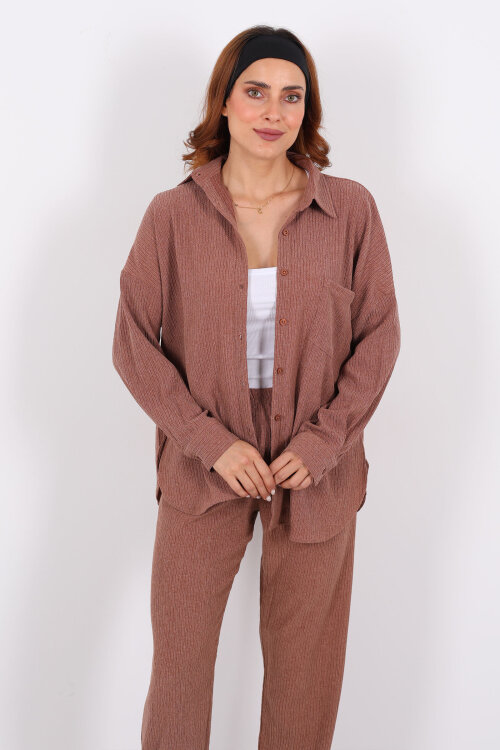 Bol Paça Bürümcük Vizon Kadın Gömlek Takım - 3