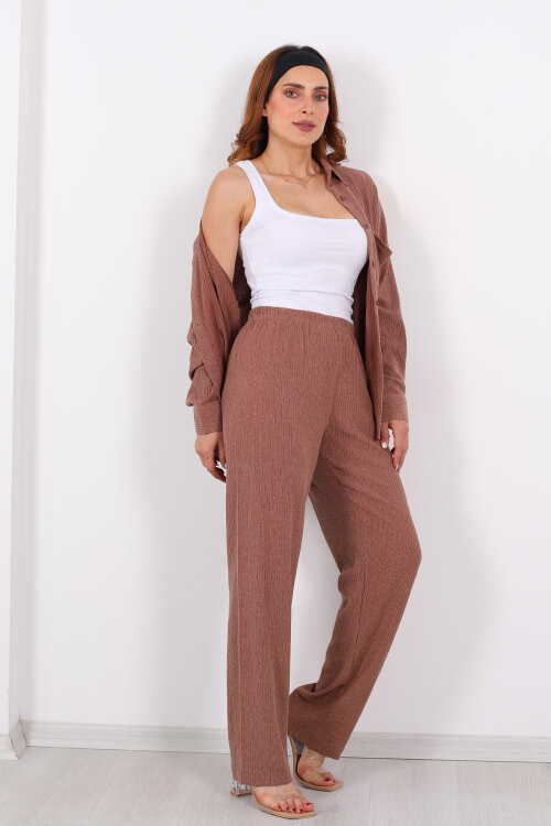 Bol Paça Bürümcük Vizon Kadın Gömlek Takım - 6