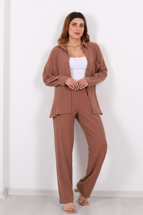 Bol Paça Bürümcük Vizon Kadın Gömlek Takım - 7