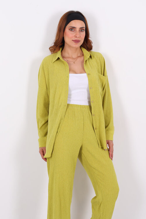 Bol Paça Bürümcük Yeşil Kadın Gömlek Takım - 4