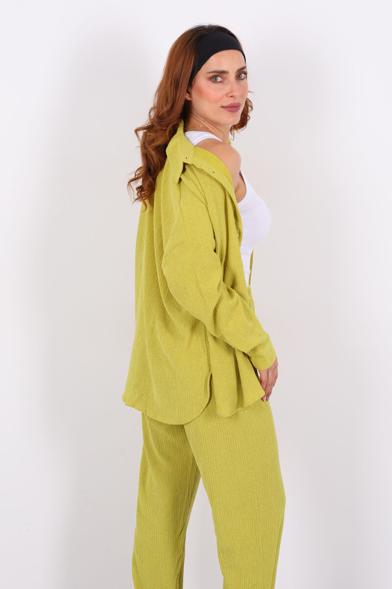 Bol Paça Bürümcük Yeşil Kadın Gömlek Takım - 5