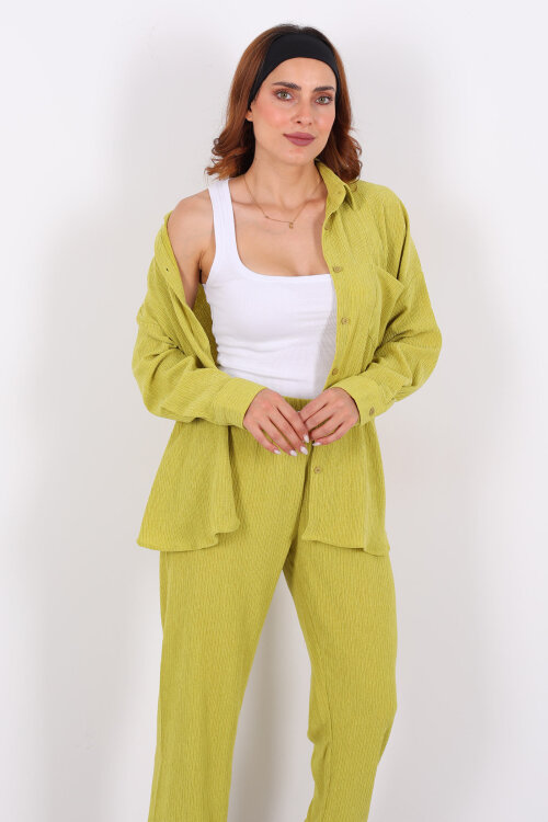 Bol Paça Bürümcük Yeşil Kadın Gömlek Takım - Berox