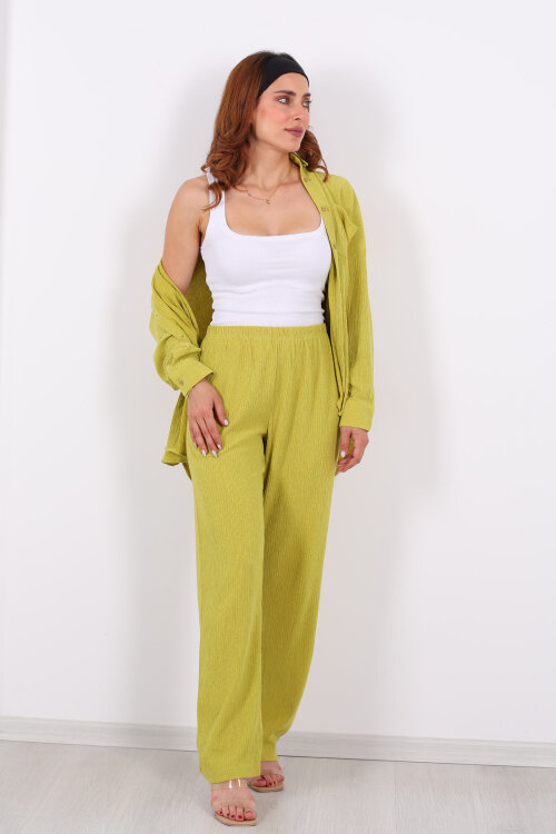 Bol Paça Bürümcük Yeşil Kadın Gömlek Takım - 3