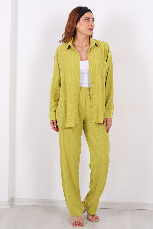 Bol Paça Bürümcük Yeşil Kadın Gömlek Takım - 7