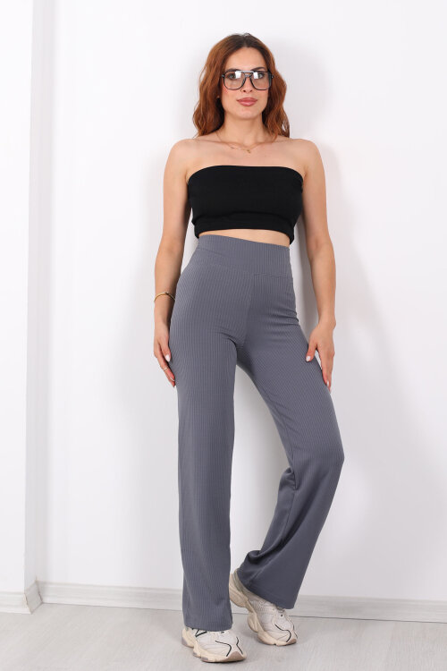 Bol Paça Fitilli Extra Yüksek Kemer Antrasit Kadın Pantolon - 3