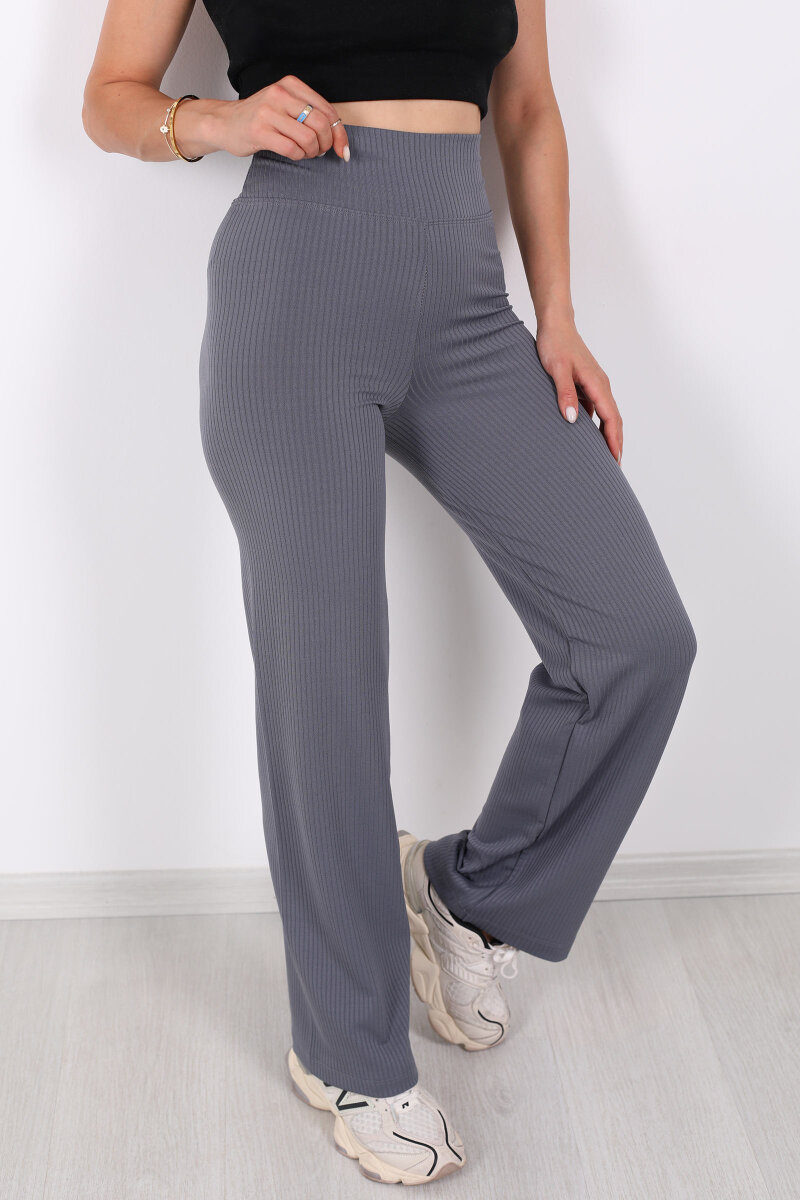 Bol Paça Fitilli Extra Yüksek Kemer Antrasit Kadın Pantolon - 2