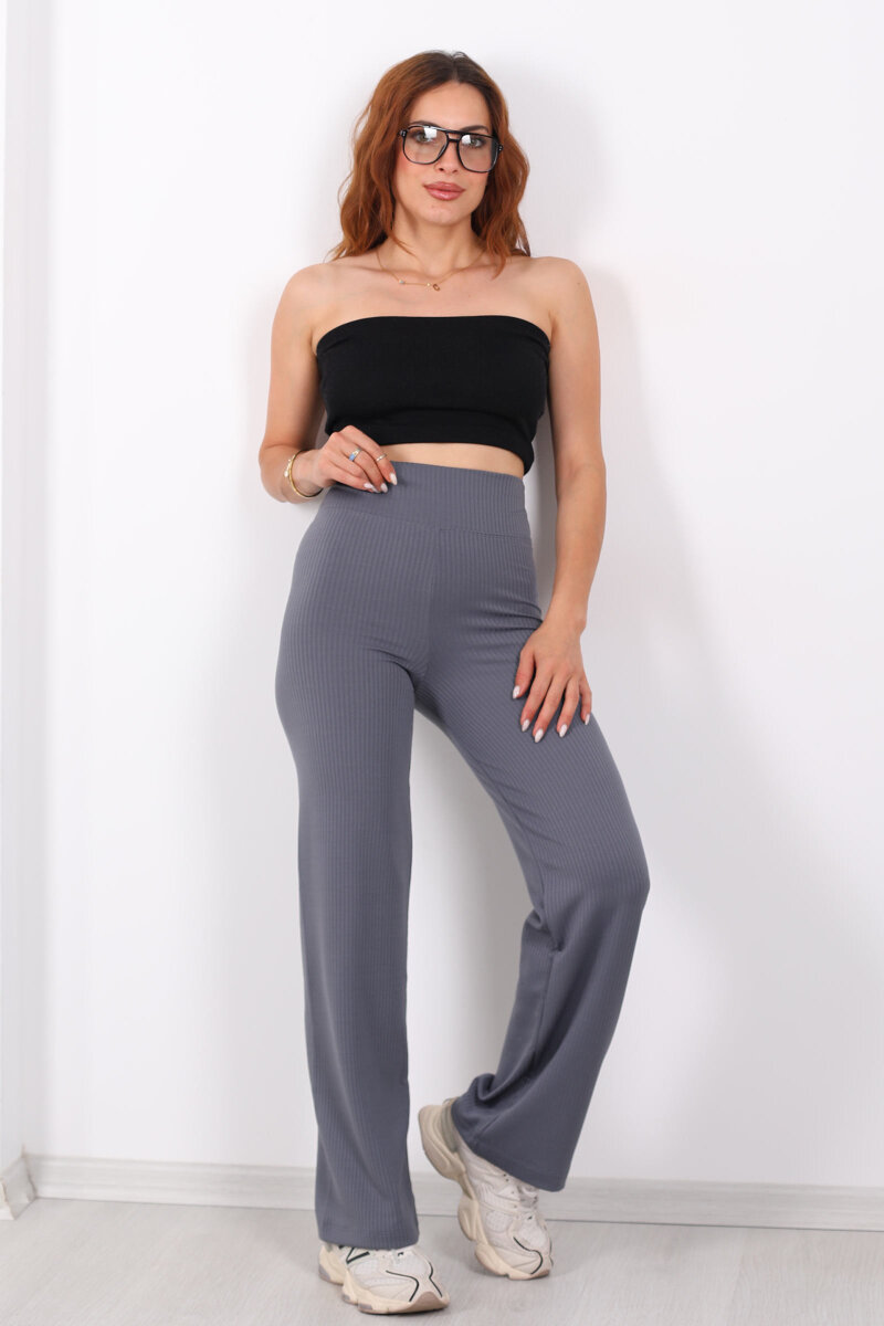 Bol Paça Fitilli Extra Yüksek Kemer Antrasit Kadın Pantolon - 4