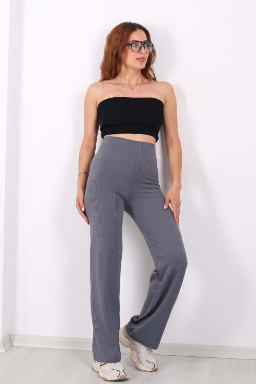 Bol Paça Fitilli Extra Yüksek Kemer Antrasit Kadın Pantolon - 6