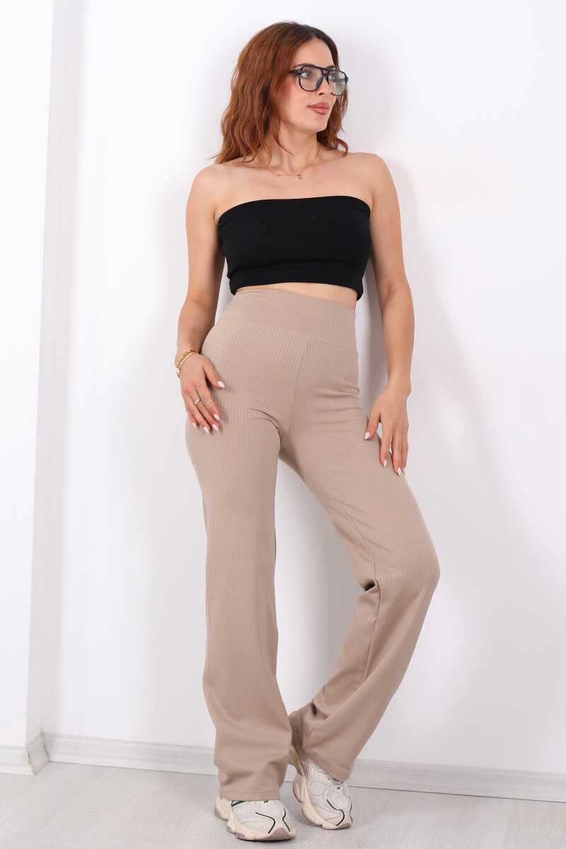 Bol Paça Fitilli Extra Yüksek Kemer Bej Kadın Pantolon - 4