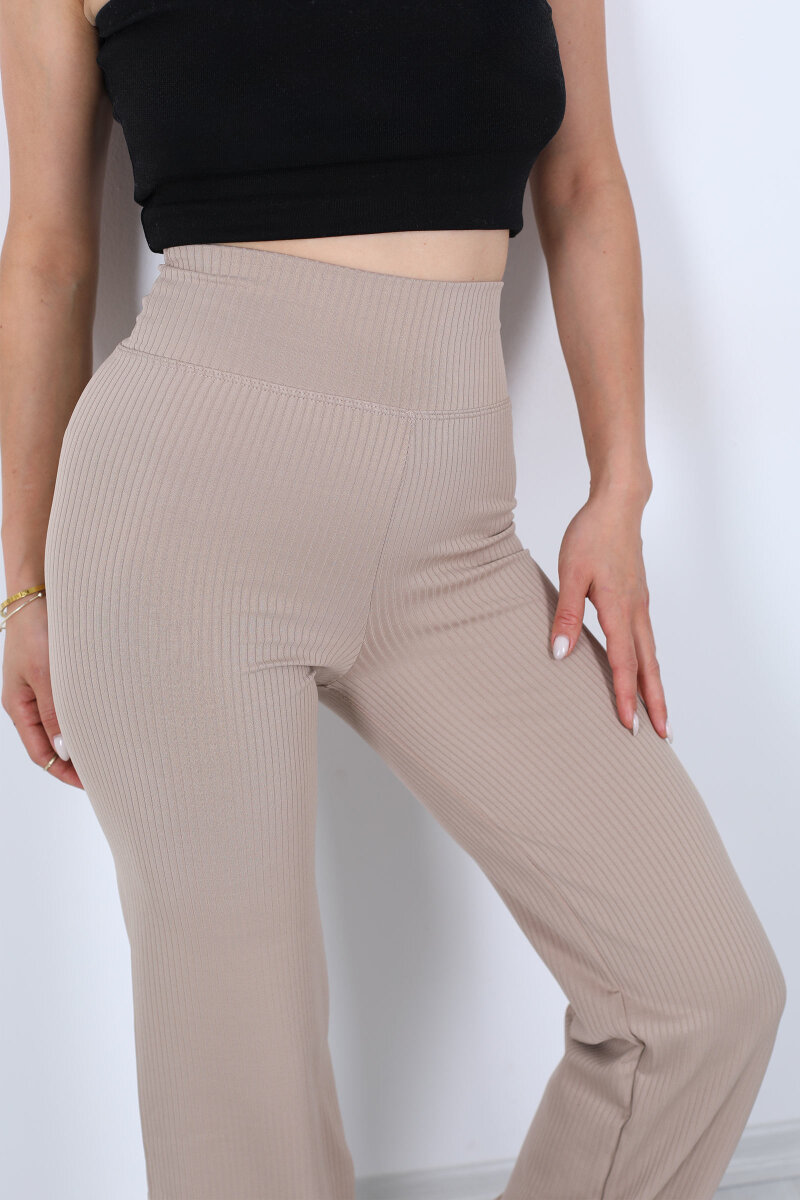 Bol Paça Fitilli Extra Yüksek Kemer Bej Kadın Pantolon - 2