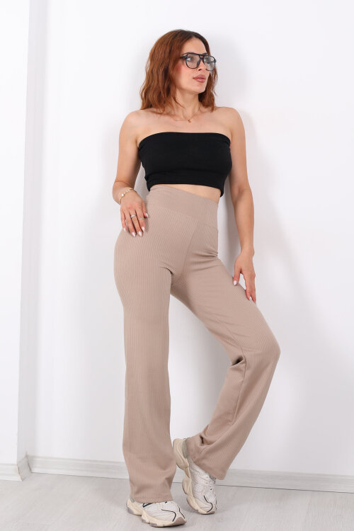 Bol Paça Fitilli Extra Yüksek Kemer Bej Kadın Pantolon - 6