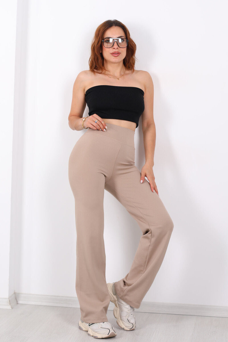 Bol Paça Fitilli Extra Yüksek Kemer Bej Kadın Pantolon - 3