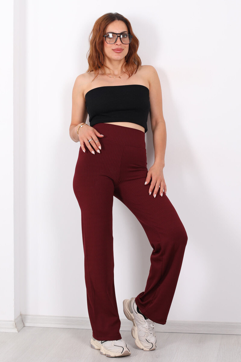 Bol Paça Fitilli Extra Yüksek Kemer Bordo Kadın Pantolon - 3