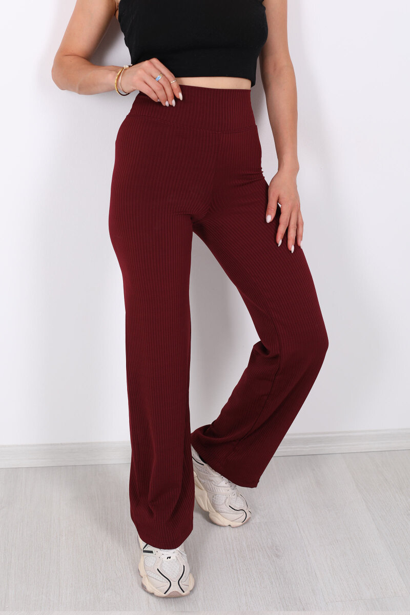 Bol Paça Fitilli Extra Yüksek Kemer Bordo Kadın Pantolon - 2