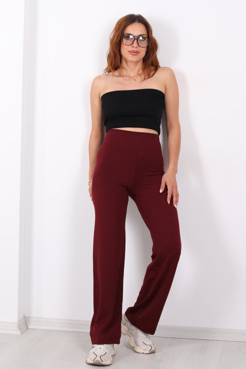 Bol Paça Fitilli Extra Yüksek Kemer Bordo Kadın Pantolon - 4