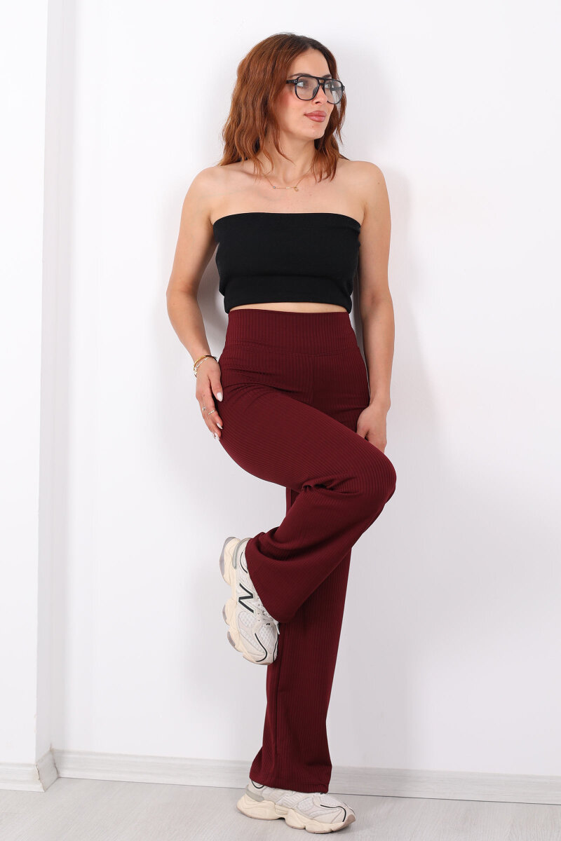 Bol Paça Fitilli Extra Yüksek Kemer Bordo Kadın Pantolon - 1