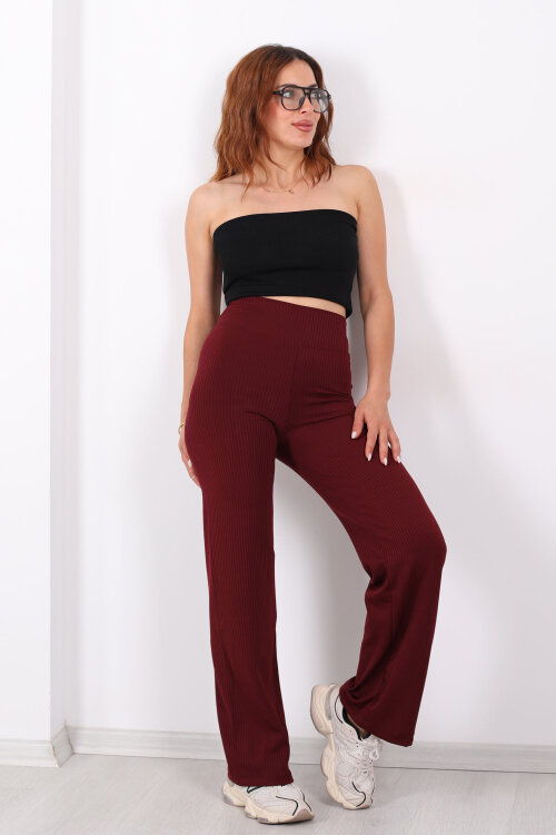 Bol Paça Fitilli Extra Yüksek Kemer Bordo Kadın Pantolon - 6