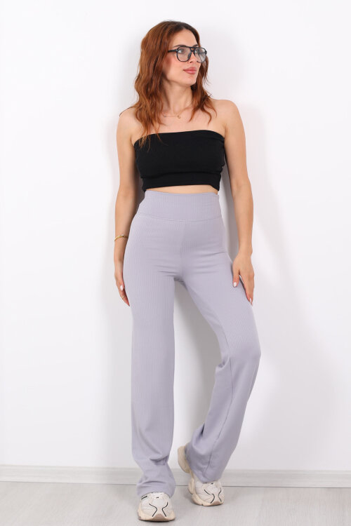 Bol Paça Fitilli Extra Yüksek Kemer Gri Kadın Pantolon - 3