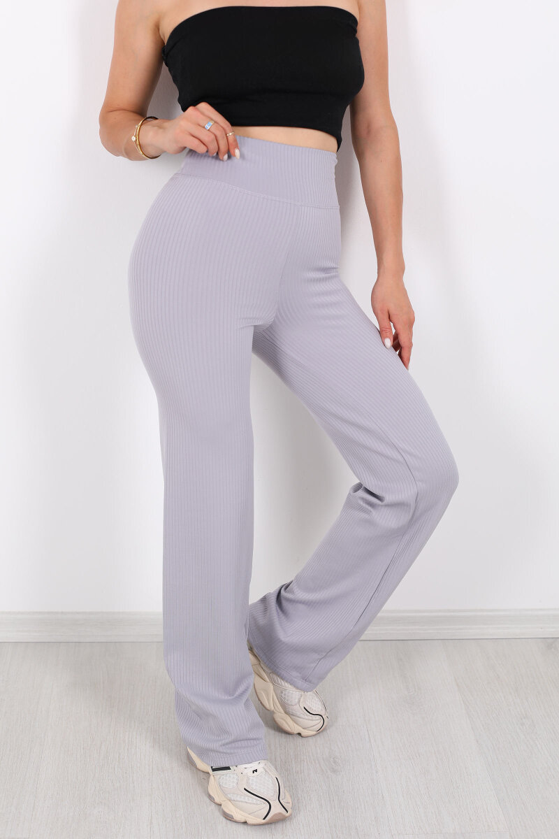 Bol Paça Fitilli Extra Yüksek Kemer Gri Kadın Pantolon - 2