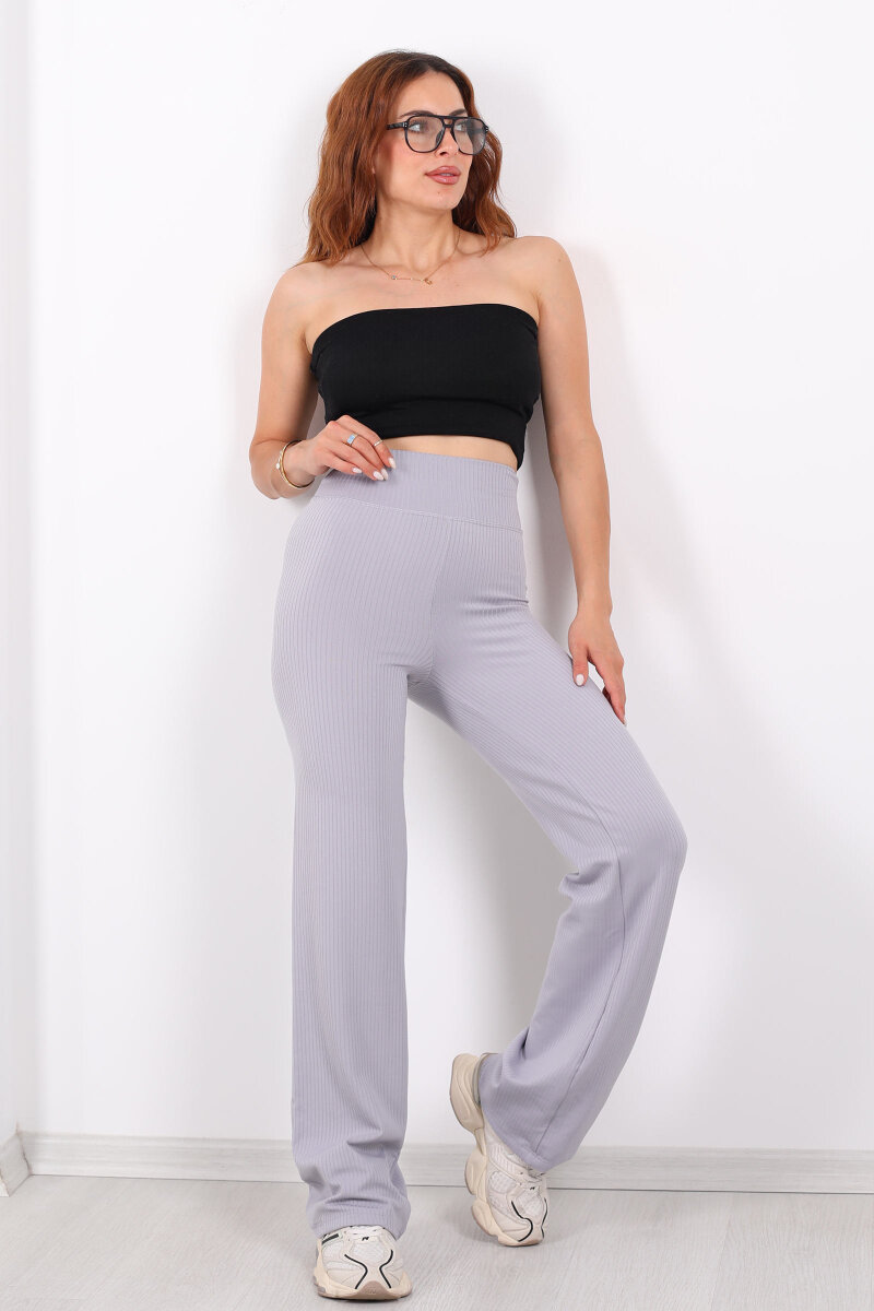 Bol Paça Fitilli Extra Yüksek Kemer Gri Kadın Pantolon - 1