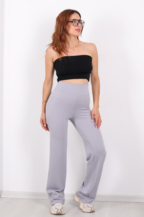 Bol Paça Fitilli Extra Yüksek Kemer Gri Kadın Pantolon - 6