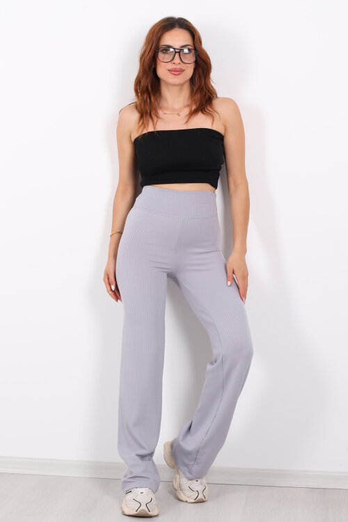 Bol Paça Fitilli Extra Yüksek Kemer Gri Kadın Pantolon - 4