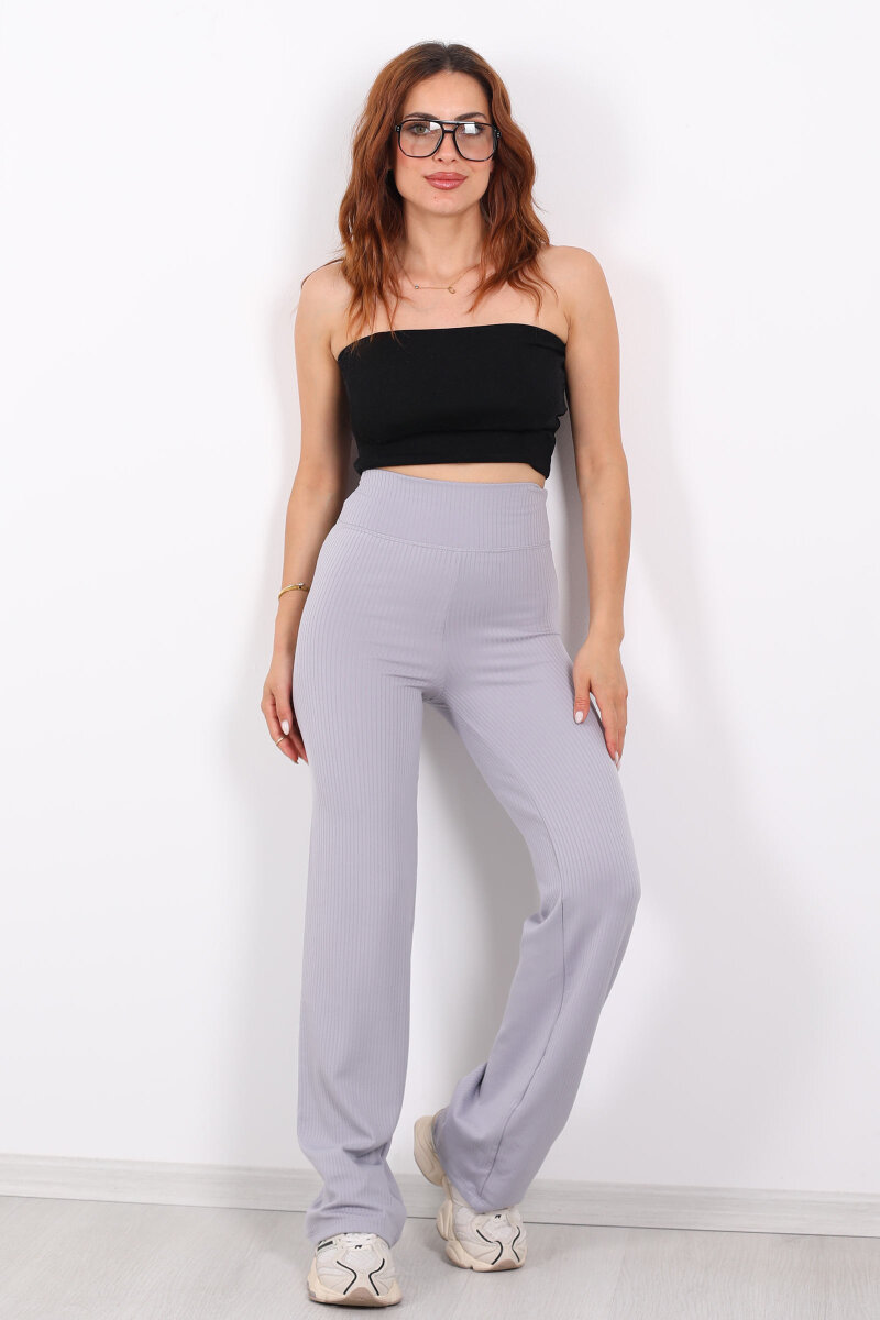 Bol Paça Fitilli Extra Yüksek Kemer Gri Kadın Pantolon - 4