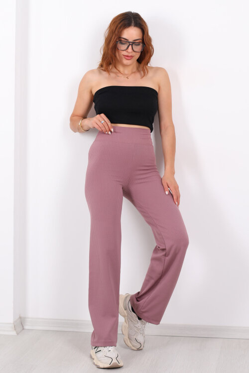 Bol Paça Fitilli Extra Yüksek Kemer Gül Kurusu Kadın Pantolon 