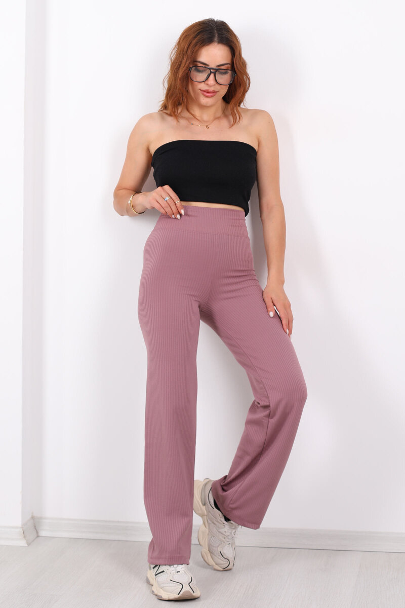 Bol Paça Fitilli Extra Yüksek Kemer Gül Kurusu Kadın Pantolon - 1