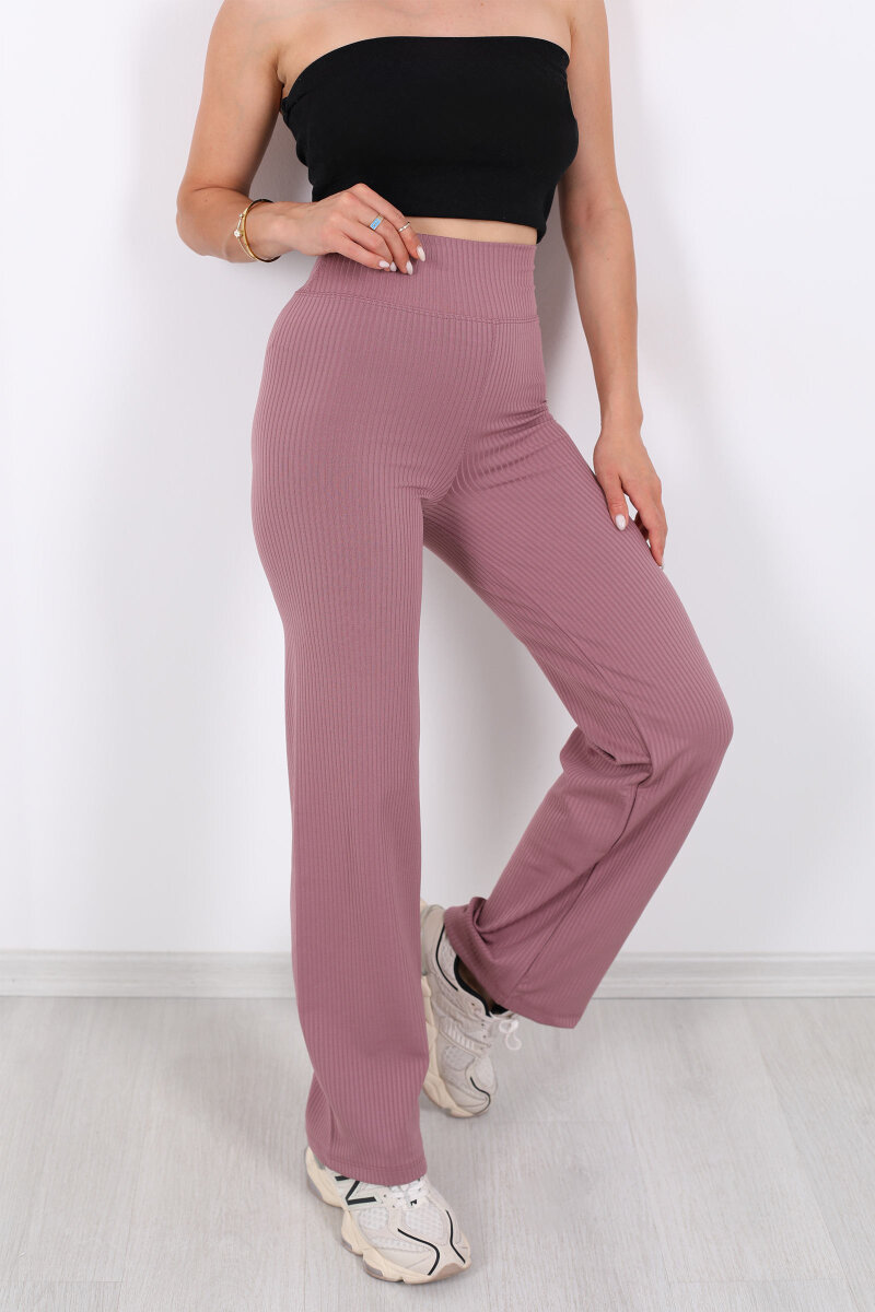 Bol Paça Fitilli Extra Yüksek Kemer Gül Kurusu Kadın Pantolon - 2