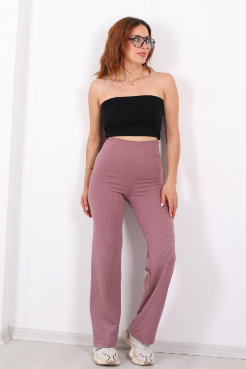 Bol Paça Fitilli Extra Yüksek Kemer Gül Kurusu Kadın Pantolon - 3