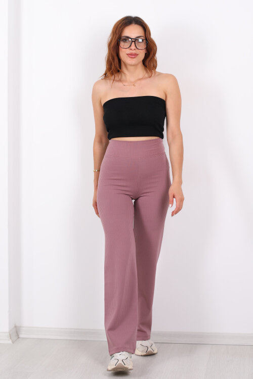 Bol Paça Fitilli Extra Yüksek Kemer Gül Kurusu Kadın Pantolon - 4