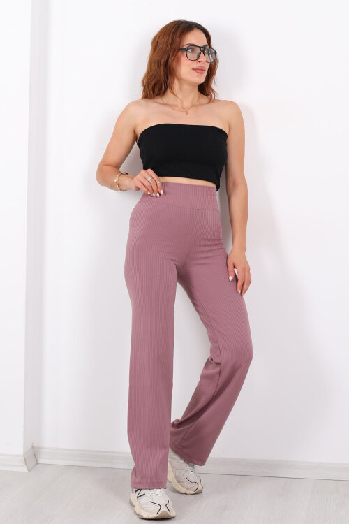 Bol Paça Fitilli Extra Yüksek Kemer Gül Kurusu Kadın Pantolon - 6