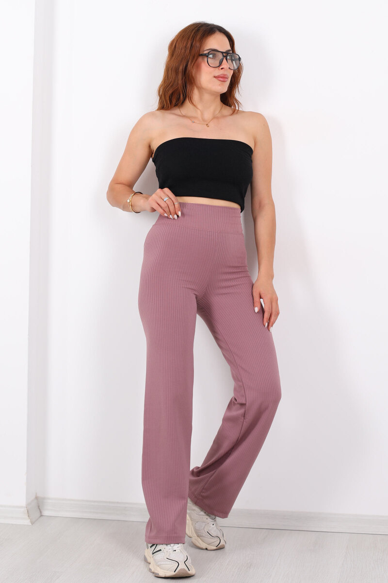 Bol Paça Fitilli Extra Yüksek Kemer Gül Kurusu Kadın Pantolon - 6