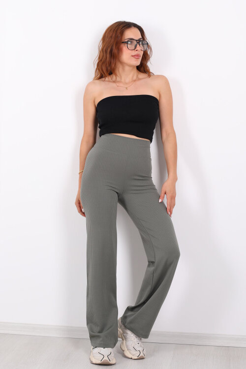 Bol Paça Fitilli Extra Yüksek Kemer Haki Kadın Pantolon - 4