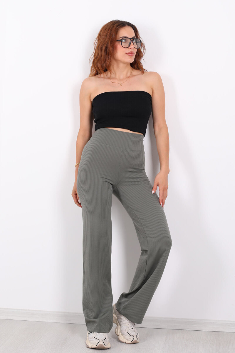 Bol Paça Fitilli Extra Yüksek Kemer Haki Kadın Pantolon - 4