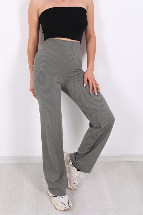 Bol Paça Fitilli Extra Yüksek Kemer Haki Kadın Pantolon - Berox (1)