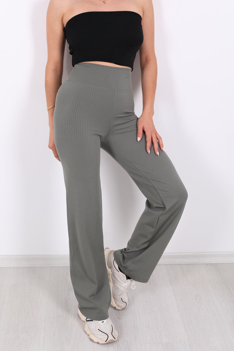 Bol Paça Fitilli Extra Yüksek Kemer Haki Kadın Pantolon - 2