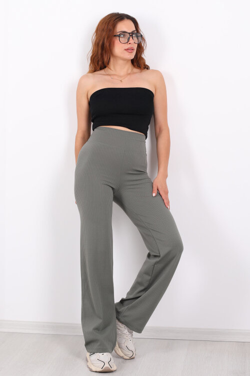 Bol Paça Fitilli Extra Yüksek Kemer Haki Kadın Pantolon - 3