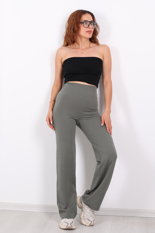 Bol Paça Fitilli Extra Yüksek Kemer Haki Kadın Pantolon - 6