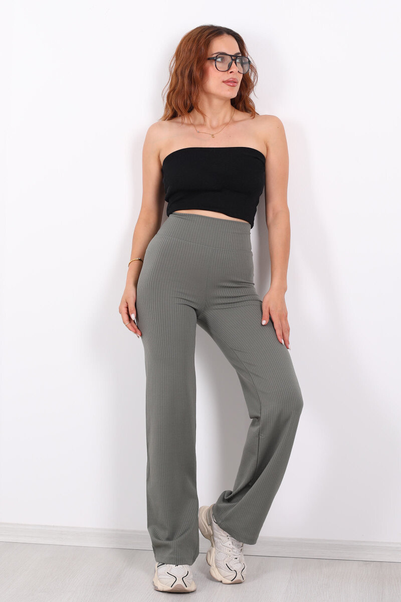 Bol Paça Fitilli Extra Yüksek Kemer Haki Kadın Pantolon - 6