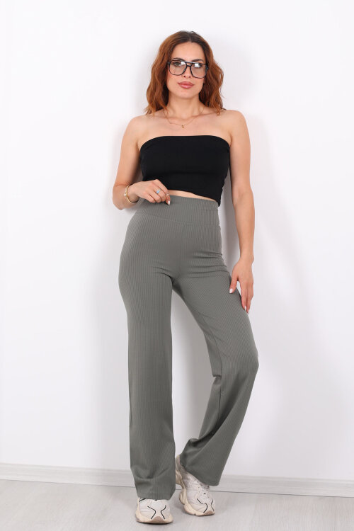 Bol Paça Fitilli Extra Yüksek Kemer Haki Kadın Pantolon - Berox