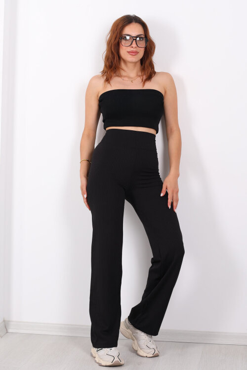 Bol Paça Fitilli Extra Yüksek Kemer Siyah Kadın Pantolon - 6