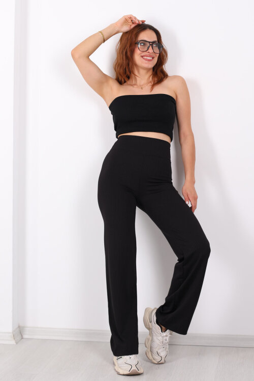 Bol Paça Fitilli Extra Yüksek Kemer Siyah Kadın Pantolon 