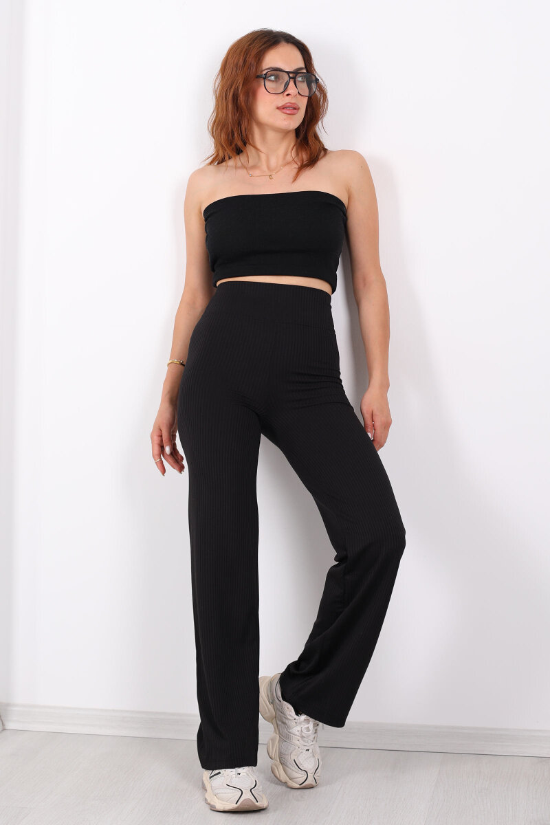 Bol Paça Fitilli Extra Yüksek Kemer Siyah Kadın Pantolon - 4