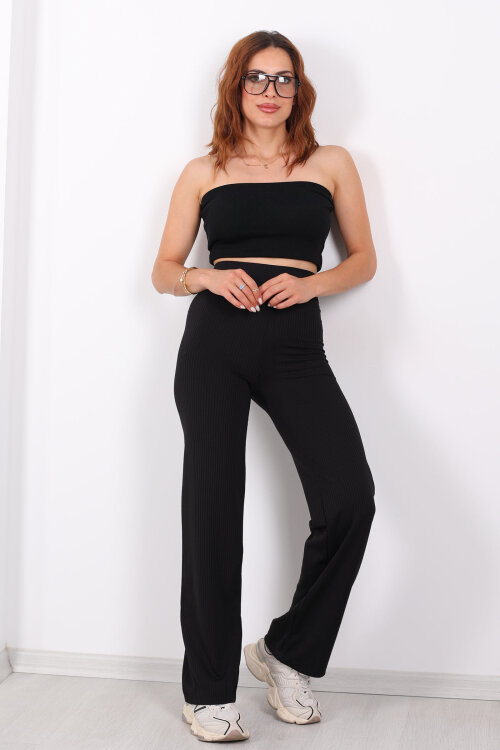 Bol Paça Fitilli Extra Yüksek Kemer Siyah Kadın Pantolon - 3